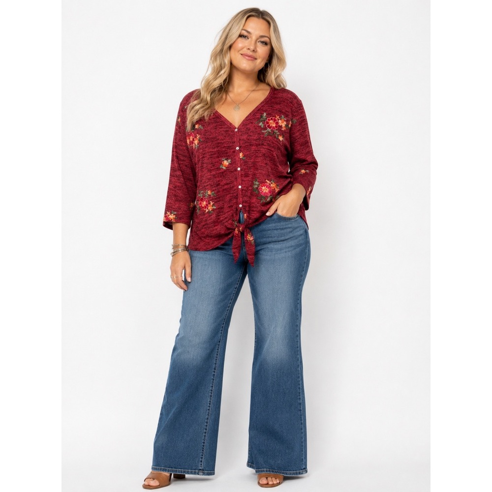 Fig and Flower Embroidered Tie Front Top 3X Burgundy Space Dye V-Neck Blouse